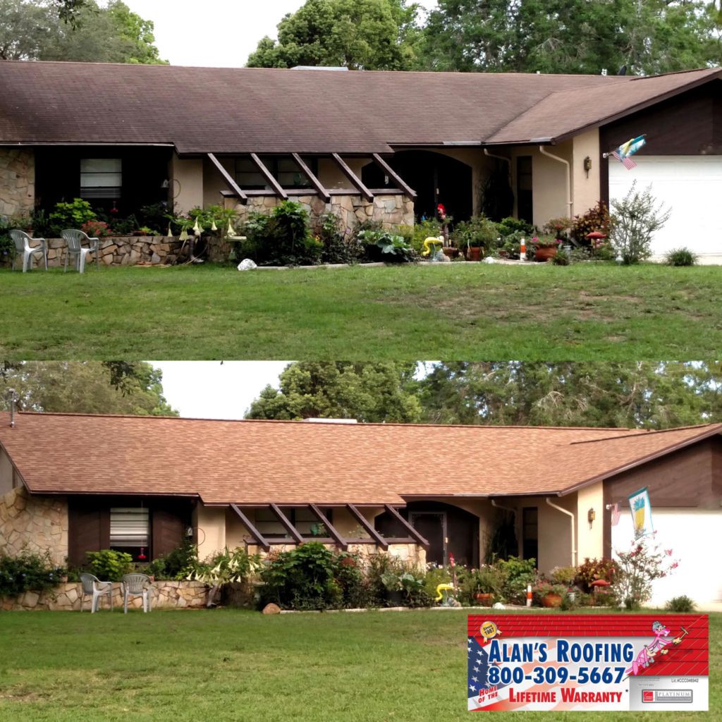 Before and After Roof Replacement of brick ranch style home