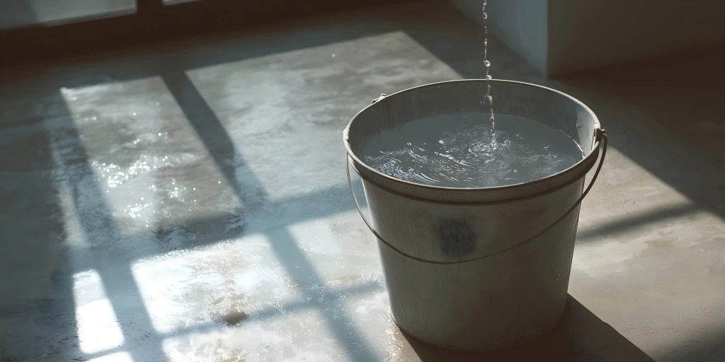Metal bucket catching water drops from ceiling leak on wet floor