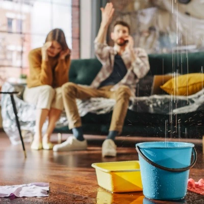 Couple dealing with roof leak damage as water drips into buckets in living room