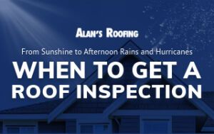 A graphic for Alan’s Roofing titled "When to Get a Roof Inspection," featuring a dark blue background with a house rooftop and weather elements.
