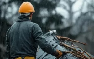 Roofer in safety gear inspecting storm-damaged roof during heavy rain