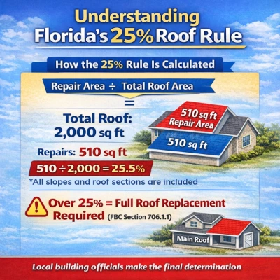 Educational infographic explaining Florida's 25% roof replacement rule calculation showing repair area divided by total roof area equals 25.5%, triggering full roof replacement requirement under Florida Building Code Section 706.1.1