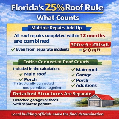 Infographic displaying how Florida's 25% roof rule counts multiple roof repairs within 12 months, showing main roof, garage, porch additions included in total calculation while detached structures remain separate