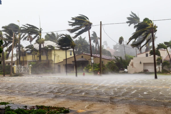 A Florida neighborhood street flooded with water and palm trees bending in high winds during a hurricane.