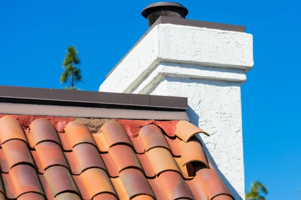 Clay tile roof with a displaced tile near the chimney flashing, a common sign of storm damage on tile roofs in Florida