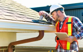 Roofing contractor performing a roof inspection and clearing gutter debris on a shingle roof