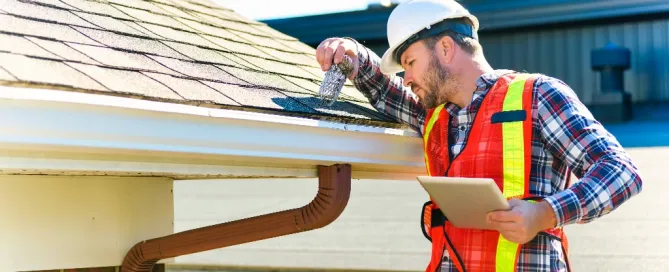 Roofing contractor performing a roof inspection and clearing gutter debris on a shingle roof