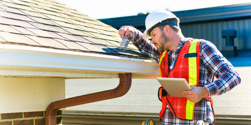 Roofing contractor performing a roof inspection and clearing gutter debris on a shingle roof