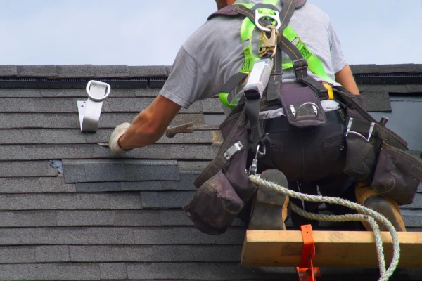 Roofing contractor wearing a safety harness while installing asphalt shingles during a roof replacement.