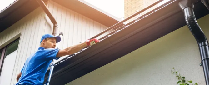 Roofing technician inspecting gutters during preventive roof maintenance