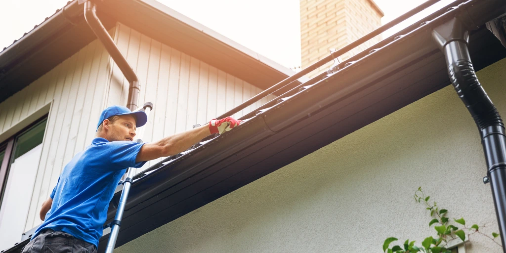 Roofing technician inspecting gutters during preventive roof maintenance