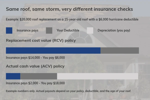 Chart comparing RCV and ACV insurance payouts on the same $20,000 roof replacement claim